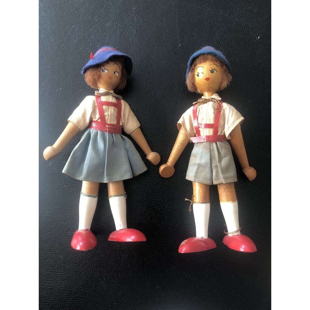 1950s Vintage Polish Wooden Peg Dolls Folk Art Hand Painted MCM Made in Poland